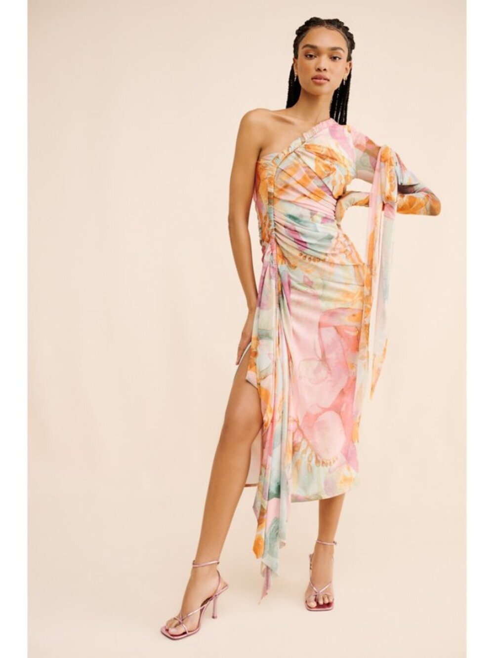 ANDREA IYAMAH Women's Turi One-Shoulder Mesh Midi Dress Size XS in Multi